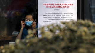 امرأة في مقهى في بيكين، تقف بجانب لافتة كتب عليها: "منع الاتجار بالحيوانات البرية، إثر تفشي فيروس كورونا". 2020/02/10
