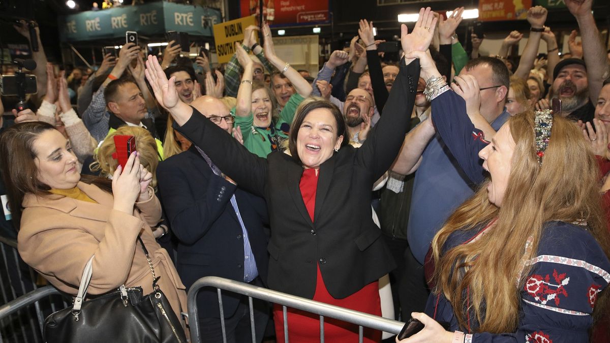 Sinn Fein leader Mary Lou McDonald celebrates topping the poll in her district.