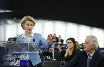 European Commission President Ursula von der Leyen delivers her speech at the European Parliament in Strasbourg, France, Tuesday, Feb.11, 2020. (AP Photo/Jean-Francois Badias)