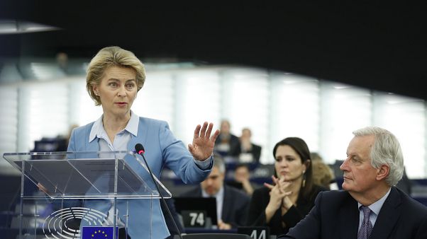 European Commission President Ursula von der Leyen delivers her speech at the European Parliament in Strasbourg, France, Tuesday, Feb.11, 2020. (AP Photo/Jean-Francois Badias) European Commission President Ursula von der Leyen delivers her speech at the European Parliament in Strasbourg, France, Tuesday, Feb.11, 2020. (AP Photo/Jean-Francois Badias)