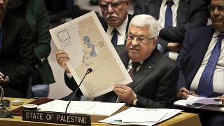 Palestinian President Mahmoud Abbas speaks during a Security Council meeting at United Nations headquarters, Tuesday, Feb. 11, 2020.