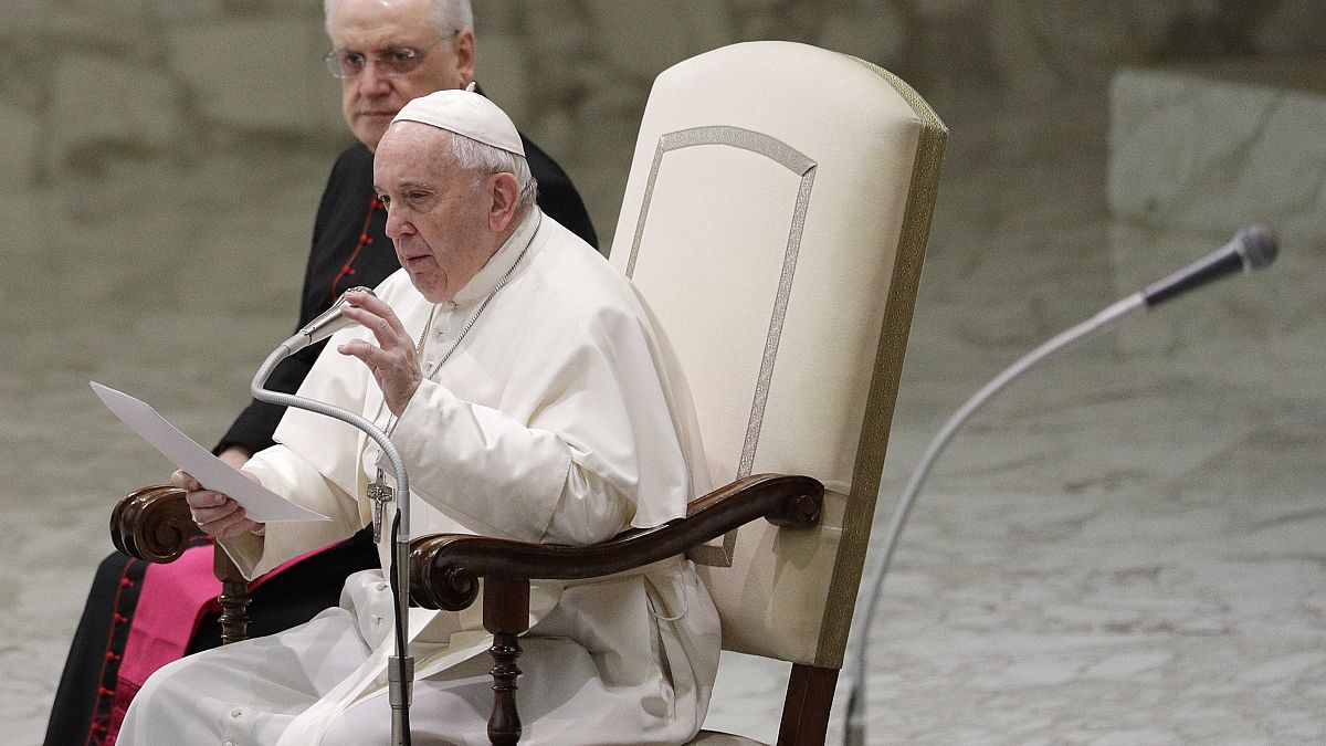 Pope Francis reads his message during the weekly general audience at the Vatican, Wednesday, Feb. 12, 2020. (AP Photo/Gregorio Borgia)                           