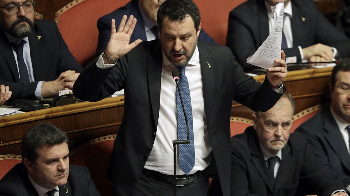 Маттео Сальвини выступает в Сенате Италии на слушаниях о лишении депутатской неприкосновенности