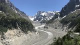The view on Mer de Glace ("Sea of Ice"), a valley glacier on the northern slopes of the Mont Blanc massif, in the French Alps.