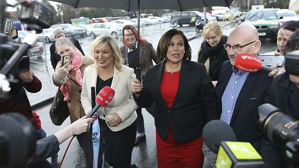 Sinn Fein leader Mary Lou McDonald, right, and deputy leader Michelle O'Neill arrive at the RDS count centre in Dublin, Ireland, Sunday, Feb. 9, 2020. Sinn Fein leader Mary Lou McDonald, right, and deputy leader Michelle O'Neill arrive at the RDS count centre in Dublin, Ireland, Sunday, Feb. 9, 2020.