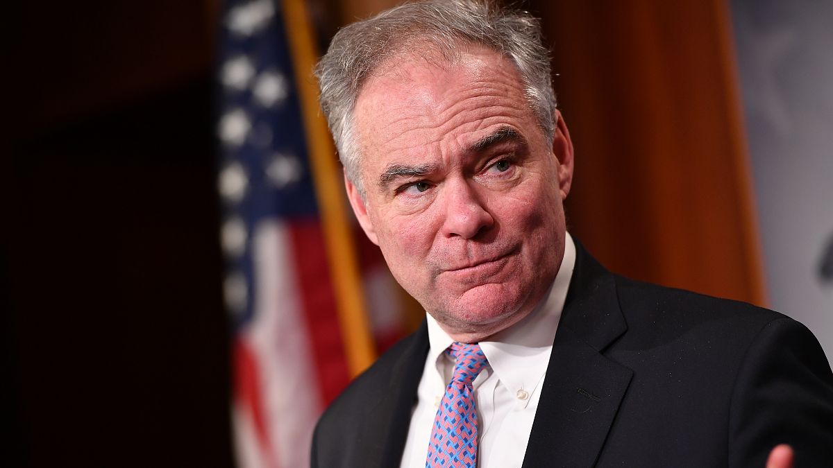 Senator Tim Kaine(D-VA), speaks following the Senate voted on the War Powers resolution, at the US Capitol in Washington, DC on February 13, 2020.