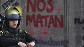 A woman police on the exterior of the National Palace during a demonstration against gender violence in Mexico City, Friday, Feb. 14, 2020