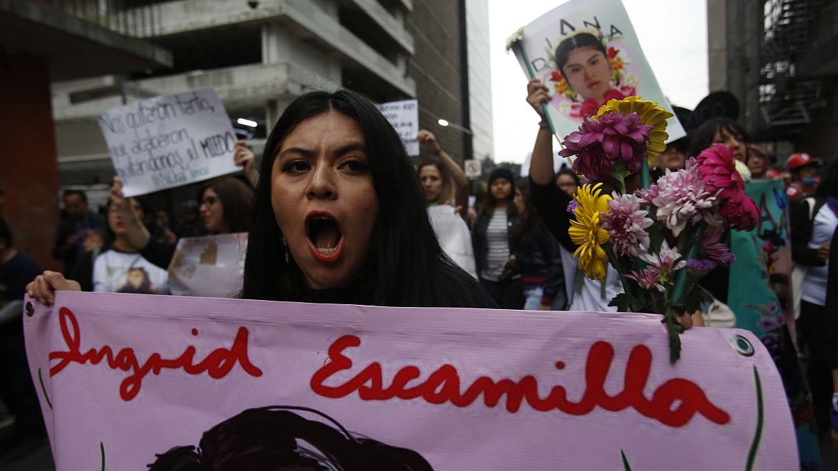 Une femme tient une bannière arborant une image d'Ingrid Escamilla, une jeune femme tuée par son compagnon. Mexico, manifestation contre les féminicides, 14 février 2020.