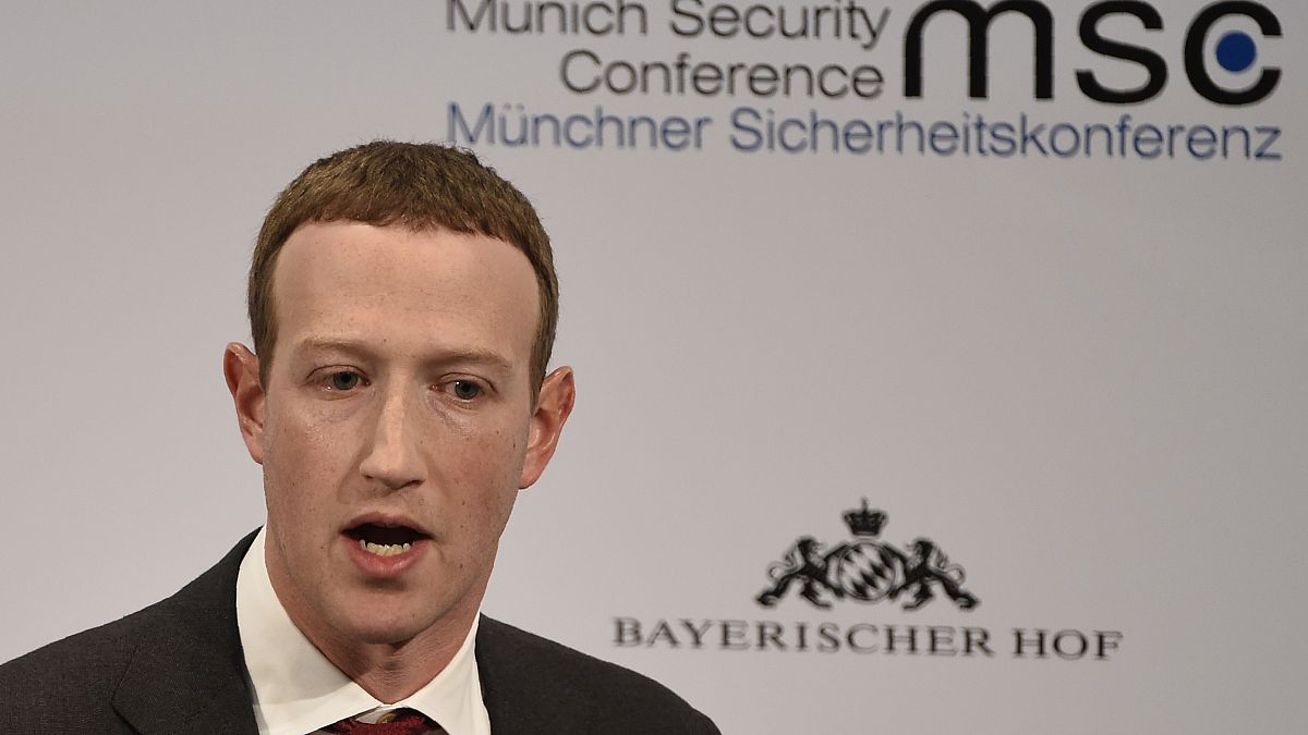 Facebook CEO Mark Zuckerberg speaks on the second day of the Munich Security Conference in Munich, Germany, Saturday, Feb. 15, 2020