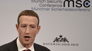 Facebook CEO Mark Zuckerberg speaks on the second day of the Munich Security Conference in Munich, Germany, Saturday, Feb. 15, 2020