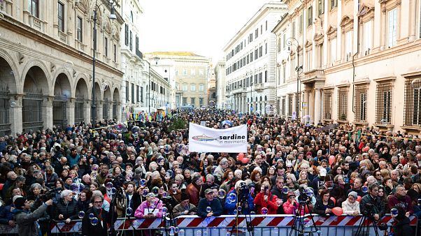 Sardines against right-wing populism, in St. Apostles Square, in Rome, Sunday Sardines against right-wing populism, in St. Apostles Square, in Rome, Sunday