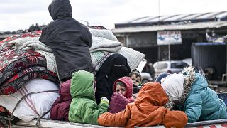 Civilians flee from Idlib, Saturday, Feb. 15, 2020.                                                     