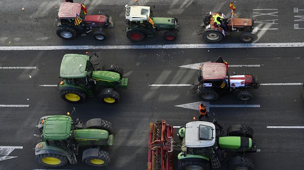 Los agricultores asisten a una demostración con sus tractores para exigir precios más justos por sus productos el 14 de febrero de 2020 en Valencia Los agricultores asisten a una demostración con sus tractores para exigir precios más justos por sus productos el 14 de febrero de 2020 en Valencia