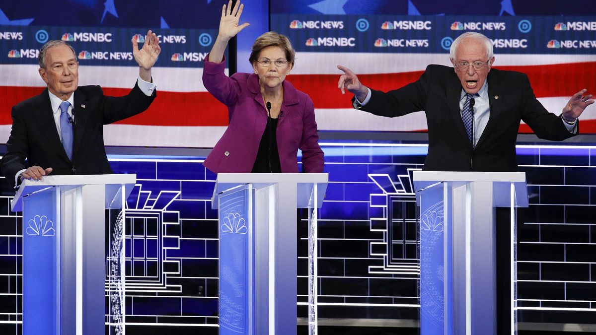 From left, Democratic presidential candidates, former New York City Mayor Mike Bloomberg, Sen. Elizabeth Warren, D-Mass., Sen. Bernie Sanders, I-Vt.