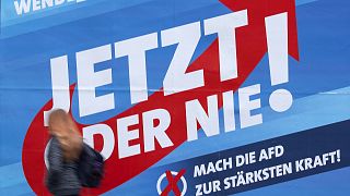 A woman walks in front of a campaign poster of the far-right Alternative for Germany (AFD) in Erfurt, Germany, Friday, Oct. 25, 2019