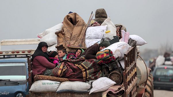 Des Syriens fuient la région d'Idlib, février 2020 Des Syriens fuient la région d'Idlib, février 2020