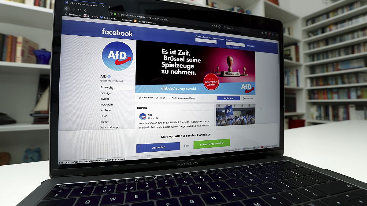 A laptop screen showing the Facebook site of the German Alternative for Germany (AfD) party is pictured in Berlin, Germany, Friday, May 17, 2019.