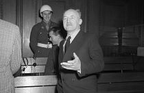 Nazi publisher and notorious anti-Semite Julius Streicher is shown in the courtroom during his trial in Nuremberg, Germany, Feb. 20, 1946.