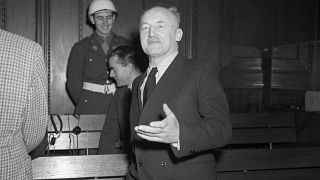 Nazi publisher and notorious anti-Semite Julius Streicher is shown in the courtroom during his trial in Nuremberg, Germany, Feb. 20, 1946.