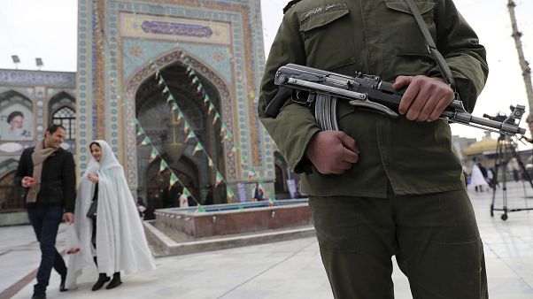 A soldier guards at a polling station during the parliamentary elections in Tehran, Iran, Friday, Feb. 21, 2020. A soldier guards at a polling station during the parliamentary elections in Tehran, Iran, Friday, Feb. 21, 2020.