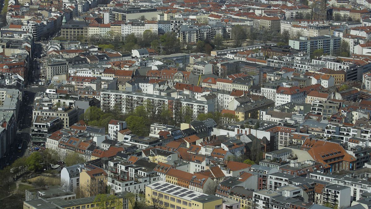 Apartment buildings in the district Mitte photographed from the television tower in Berlin, Germany.