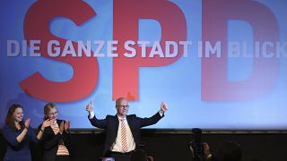 SPD top candidate and First Mayor of Hamburg Peter Tschentscher celebrates with supporters after exit polls for the Hamburg state elections announced on Feb. 23, 2020.