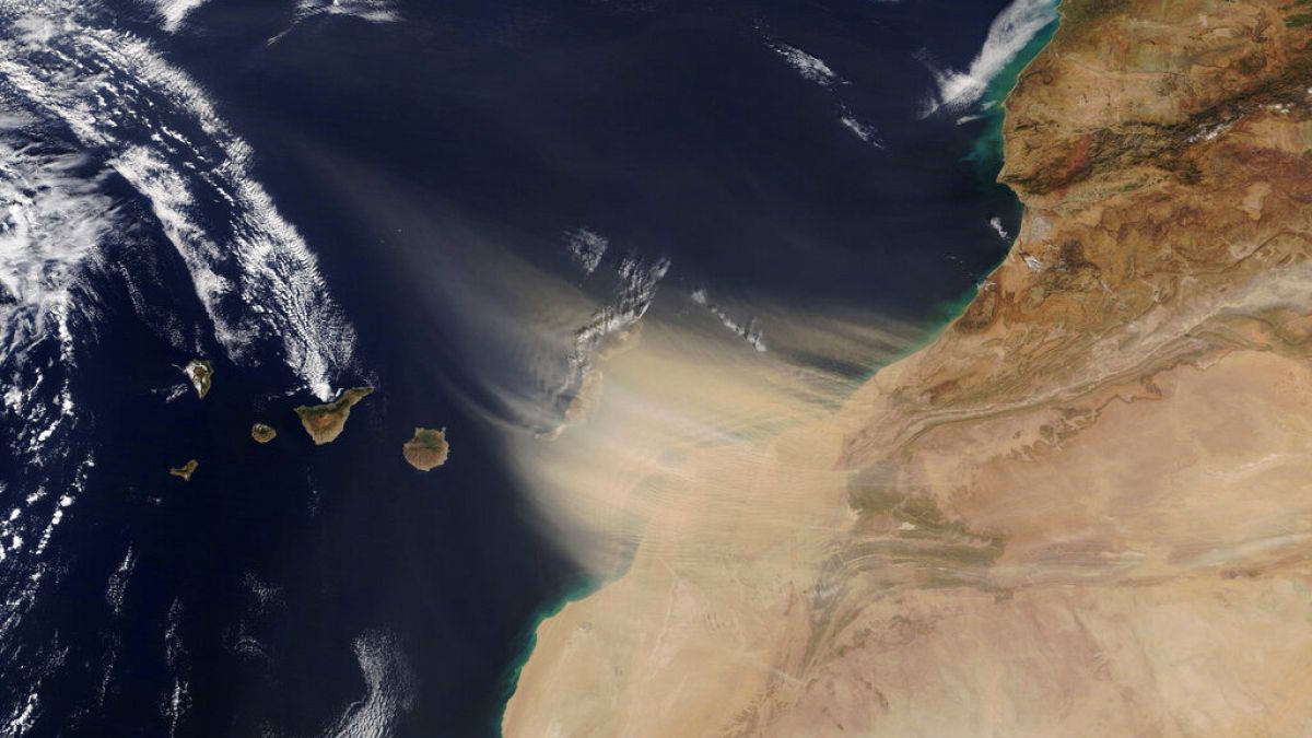 A NASA images shows the dust storm approaching the Canary Islands