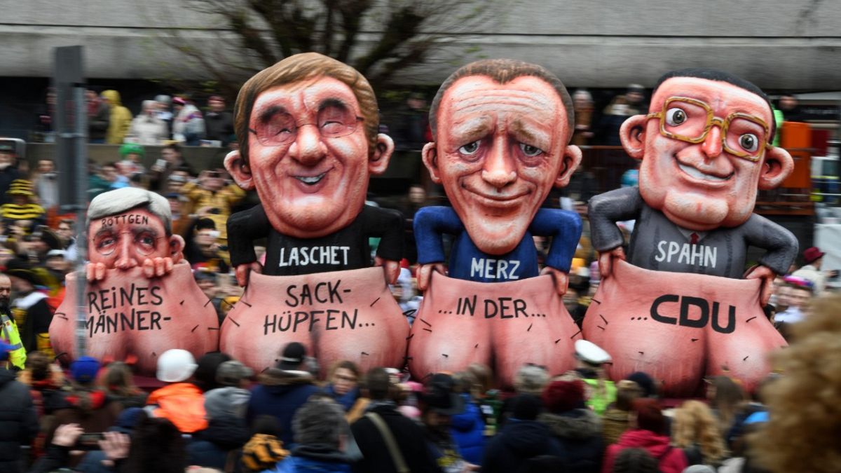 "Sack race for men only in the CDU": a carnival float depicting the leadership race, seen during the Rose Monday carnival street parade in Dusseldorf, February 24, 2020. 