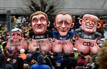 "Sack race for men only in the CDU": a carnival float depicting the leadership race, seen during the Rose Monday carnival street parade in Dusseldorf, February 24, 2020.