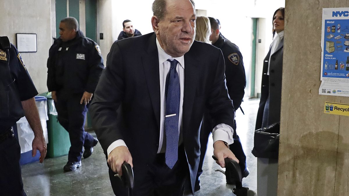 Harvey Weinstein arrives at court in his rape trial, in New York, Friday, Feb. 21, 2020. (AP Photo/Richard Drew)