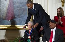President Barack Obama presents the Presidential Medal of Freedom to Katherine Johnson in 2015