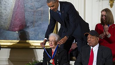 President Barack Obama presents the Presidential Medal of Freedom to Katherine Johnson in 2015 