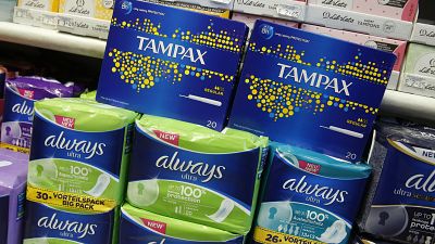 Women's sanitary products on sale at a small pharmacy in London, Friday, March, 18, 2016.
