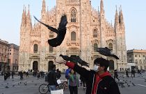 A man wearing a protective facemask plays with pigeons in the Piazza del Duomo in central Milan, following security measures taken in northern Italy.