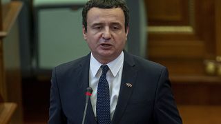 Albin Kurti, nominated as the next prime minister, speaks during a parliament session to vote the new government on Monday, Feb. 3, 2020. 