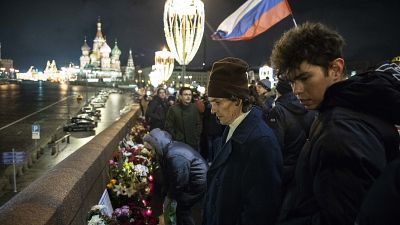 Акция памяти Бориса Немцова на Большом Москворецком мосту в Москве 27 февраля 2020