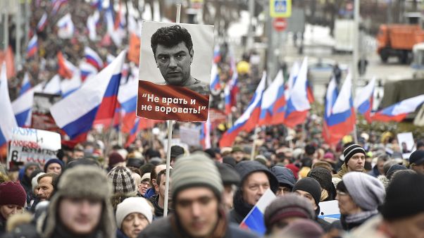 Demonstrators march in memory of opposition leader Boris Nemtsov in Moscow, Russia, Sunday, Feb. 24, 2019. Demonstrators march in memory of opposition leader Boris Nemtsov in Moscow, Russia, Sunday, Feb. 24, 2019.