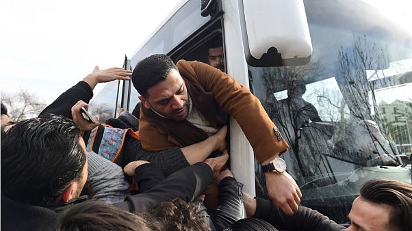 Dozens of refugees boarded buses - not linked to Bolu - bound for the Turkish border with Greece on Friday Dozens of refugees boarded buses - not linked to Bolu - bound for the Turkish border with Greece on Friday