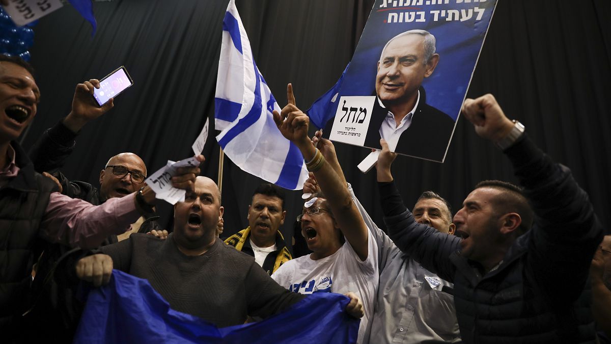 Supporters of Israeli Prime Minister Benjamin Netanyahu celebrate after first exit poll results for Israeli elections in Tel Aviv, Israel, Monday, March 2, 2020. 