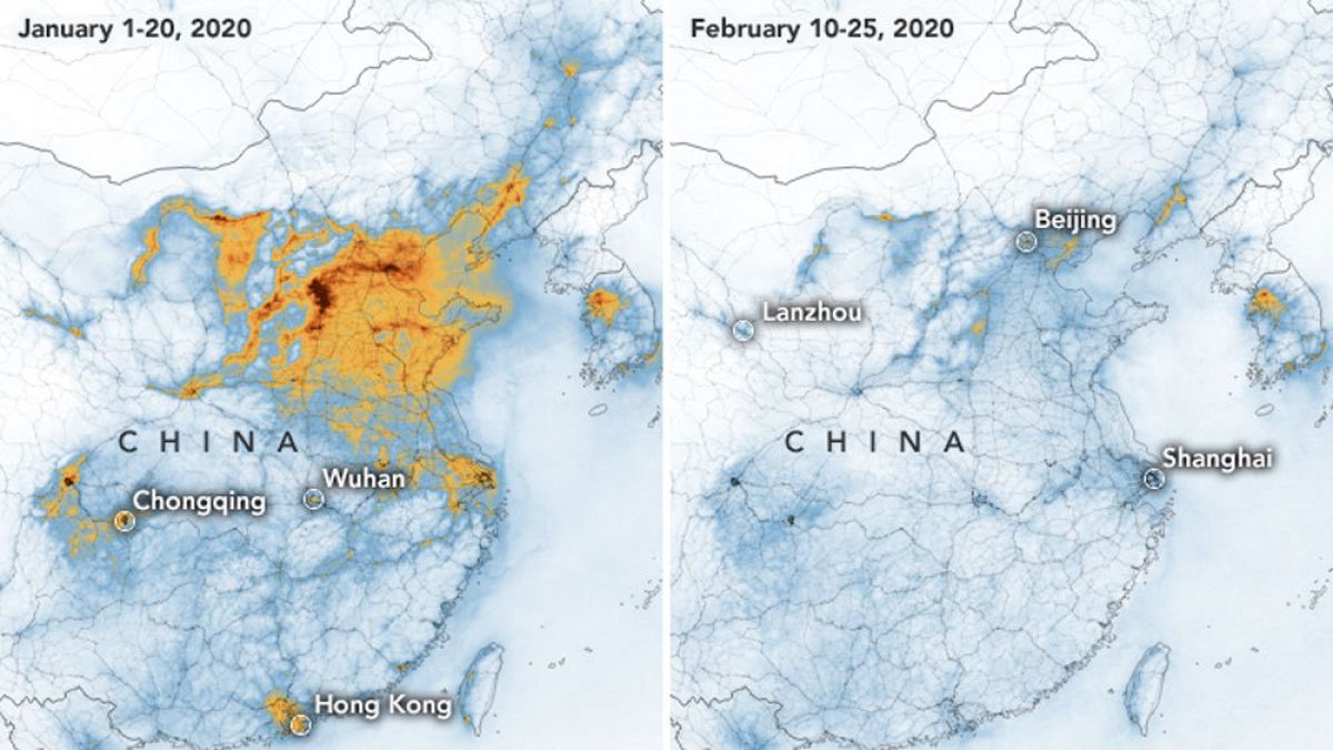 Nitrogen dioxide emissions in January (left) and February this year (right).