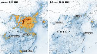 Nitrogén-dioxid kibocsátás Kínában 2020 februárjában és egy évvel korábban ugyanezen periódusban. A képeket a NASA és az Európai Űrügynökség adatai alapján készítették