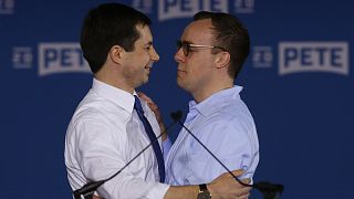 Pete Buttigieg is joined by husband Chasten Glezman after he announced that he will seek the Democratic presidential nomination during a rally in South Bend, April 14, 2019