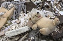 A Teddy bear lays among construction waste at a illegal dumping site in Carrieres-sous-Poissy, France