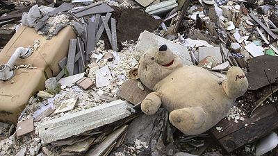 A Teddy bear lays among construction waste at a illegal dumping site in Carrieres-sous-Poissy, France