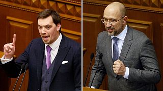 Left, former prime minister Oleksiy Honcharuk. Right, Ukraine's new prime minister Denys Shmygal at the parliament session hall in Kyiv, Ukraine, Wednesday, March 4, 2020. 