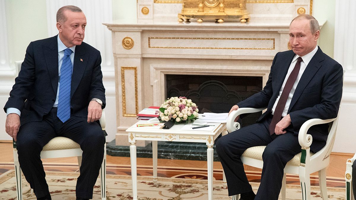 Президент Турции Тайип Эрдоган и президент России Владимир Путин во время переговоров.