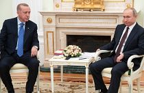 Президент Турции Тайип Эрдоган и президент России Владимир Путин во время переговоров.