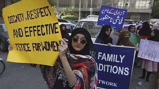 Pakistanis take party in a pro-women rally ahead of Women's Day in Karachi, Pakistan, Friday, March 6, 2020