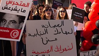 متظاهرة تونسية ترفع لافتة كتب عليها "الحصانة لمهامك النيابية مش لشهواتك الجنسية"