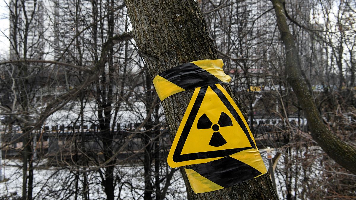 Знак радиации в лесу на месте захоронения отходов Московского завода полиметаллов